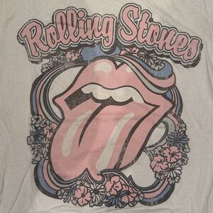 the Rolling Stones White Tee with Pink Logo and Floral Accents